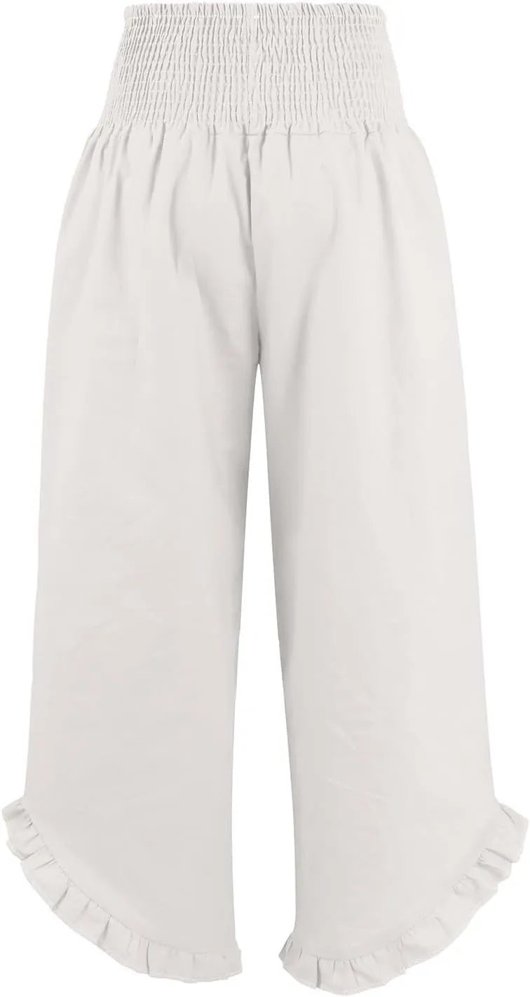 Miyaomn Women's Summer Linen Palazzo Pants Smocked Waist Ruffle Cuffs Wide Leg Pants Loose Flowy Beach Vacation Boho Trousers