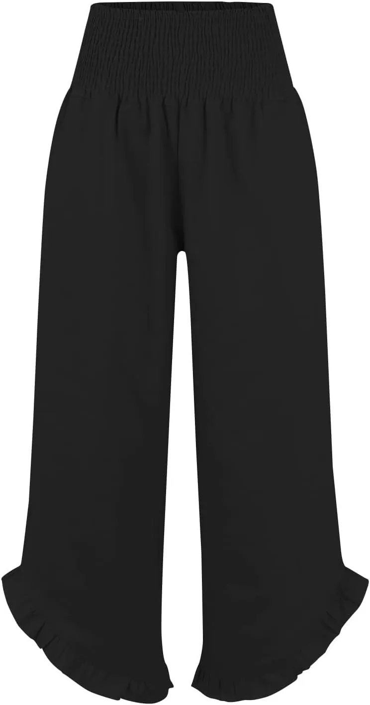 Miyaomn Women's Summer Linen Palazzo Pants Smocked Waist Ruffle Cuffs Wide Leg Pants Loose Flowy Beach Vacation Boho Trousers