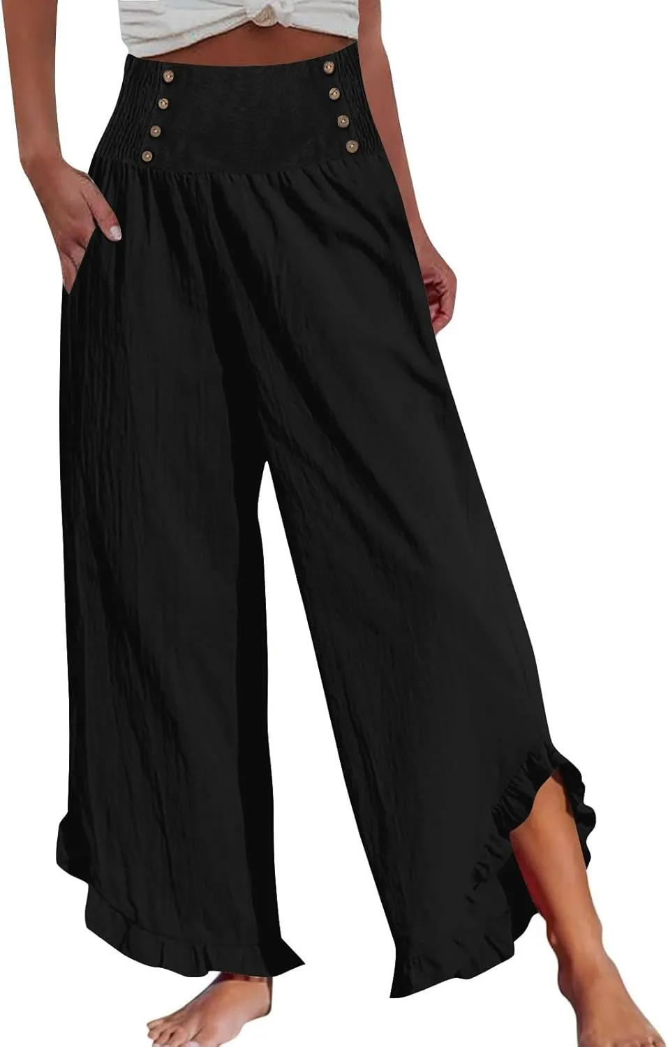 Miyaomn Women's Summer Linen Palazzo Pants Smocked Waist Ruffle Cuffs Wide Leg Pants Loose Flowy Beach Vacation Boho Trousers