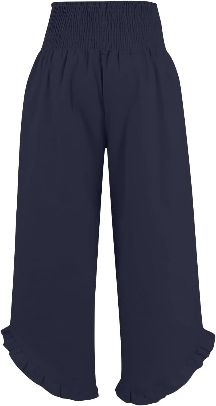 Miyaomn Women's Summer Linen Palazzo Pants Smocked Waist Ruffle Cuffs Wide Leg Pants Loose Flowy Beach Vacation Boho Trousers