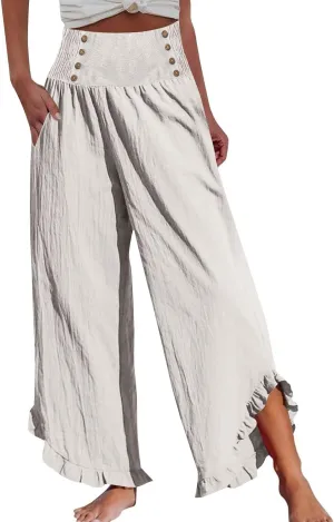 Miyaomn Women's Summer Linen Palazzo Pants Smocked Waist Ruffle Cuffs Wide Leg Pants Loose Flowy Beach Vacation Boho Trousers