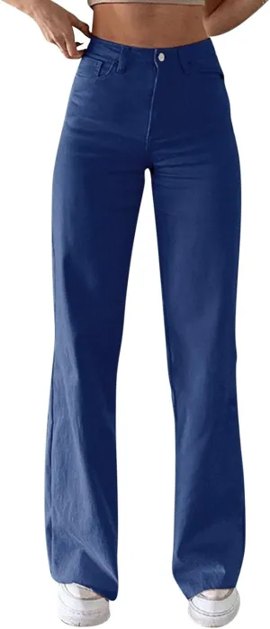 Miyaomn Women's Trendy Wide Leg Jeans Stretchy High Waisted Slim Fit Straight Leg Denim Pants Cotton Work Jeans with Pockets