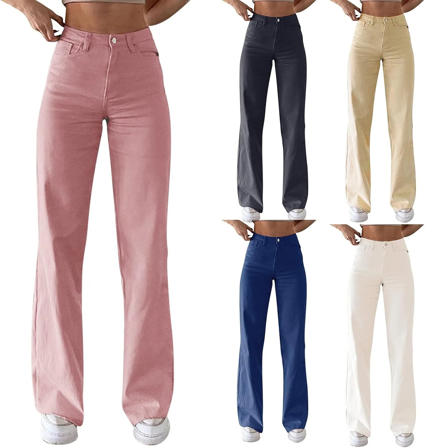 Miyaomn Women's Trendy Wide Leg Jeans Stretchy High Waisted Slim Fit Straight Leg Denim Pants Cotton Work Jeans with Pockets