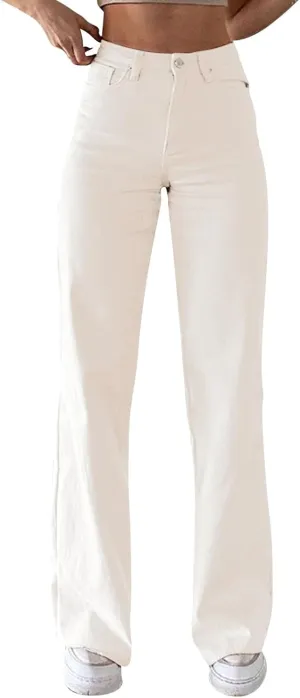 Miyaomn Women's Trendy Wide Leg Jeans Stretchy High Waisted Slim Fit Straight Leg Denim Pants Cotton Work Jeans with Pockets