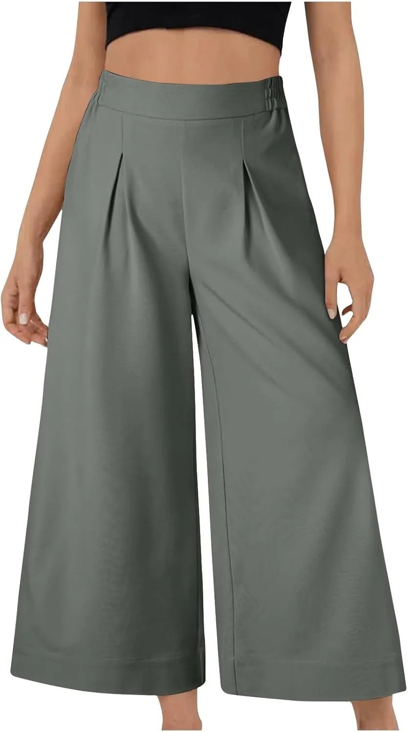 Miyaomn Women's Wide Leg Linen Palazzo Pants Lightweight High Waisted Beach Trousers Summer Business Office Work Suit Pants