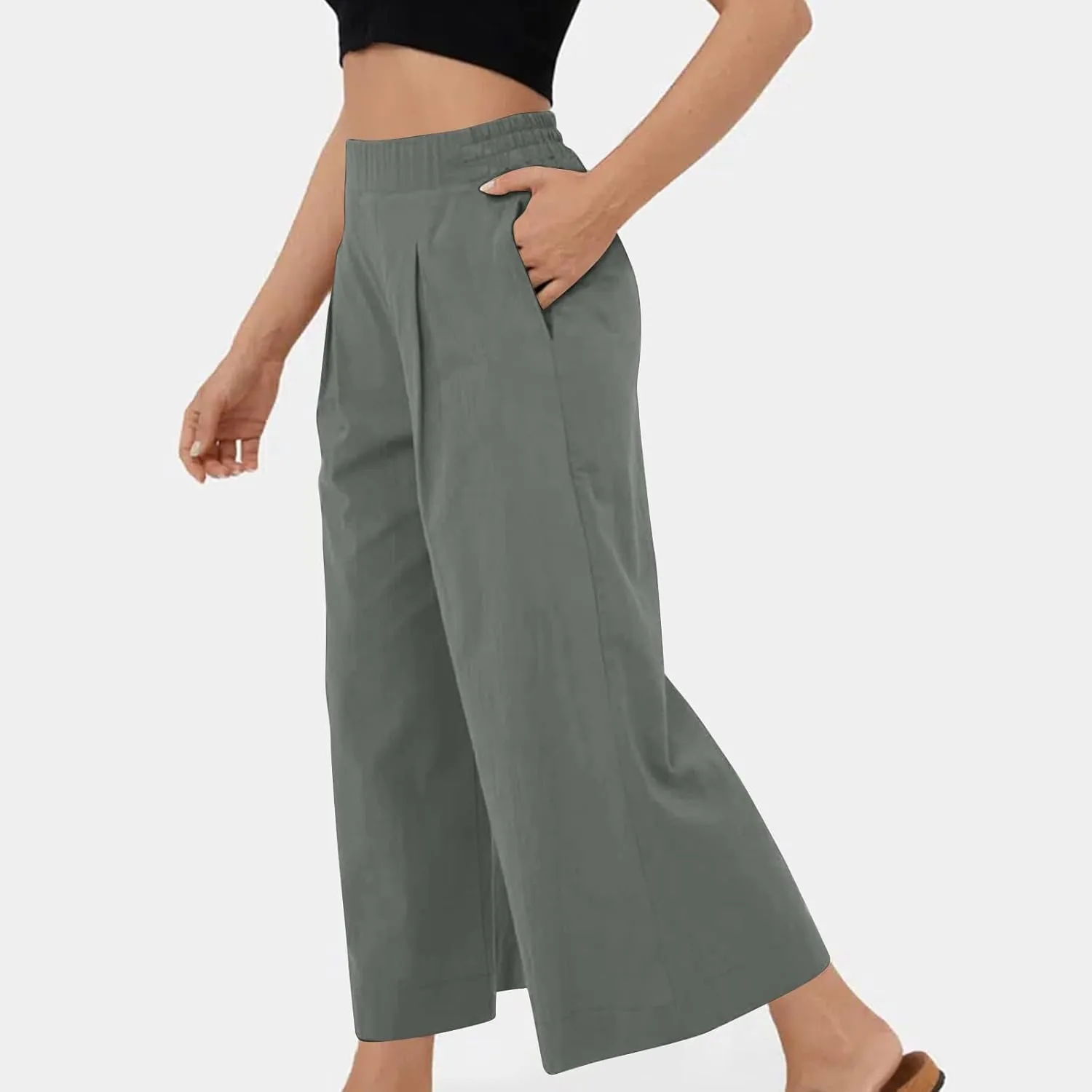 Miyaomn Women's Wide Leg Linen Palazzo Pants Lightweight High Waisted Beach Trousers Summer Business Office Work Suit Pants
