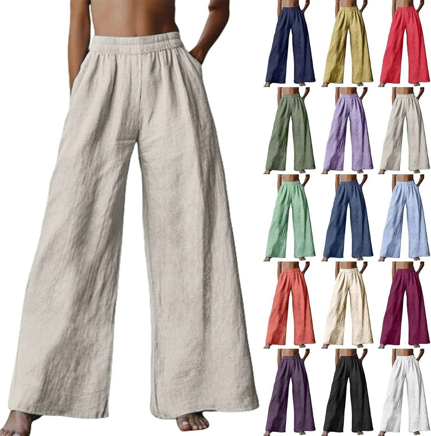 Miyaomn Women's Wide Leg Linen Pants 2025 Summer Casual Elastic High Waisted Palazzo Pants Flowy Lounge Trousers with Pockets