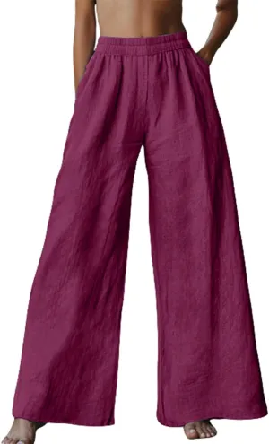 Miyaomn Women's Wide Leg Linen Pants 2025 Summer Casual Elastic High Waisted Palazzo Pants Flowy Lounge Trousers with Pockets