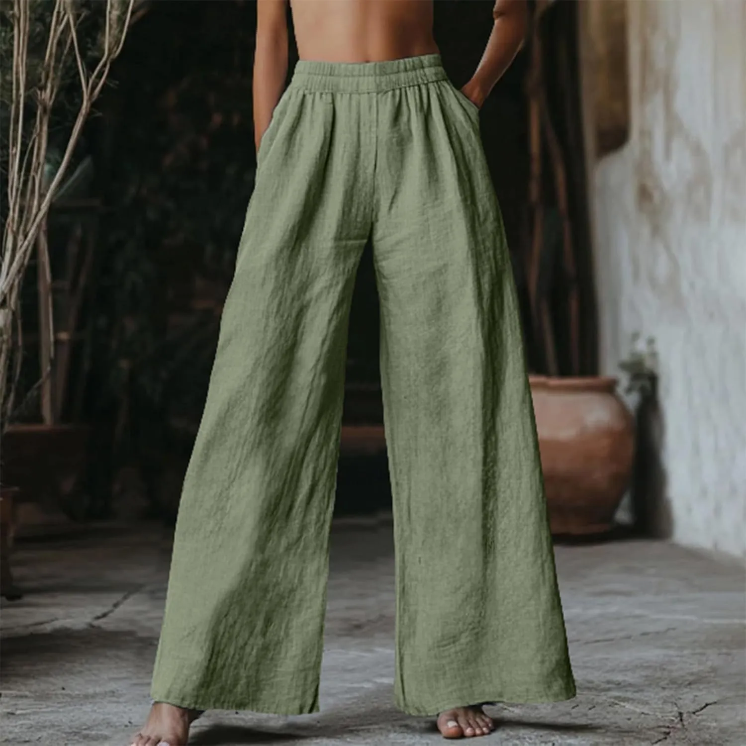 Miyaomn Women's Wide Leg Linen Pants 2025 Summer Casual Elastic High Waisted Palazzo Pants Flowy Lounge Trousers with Pockets