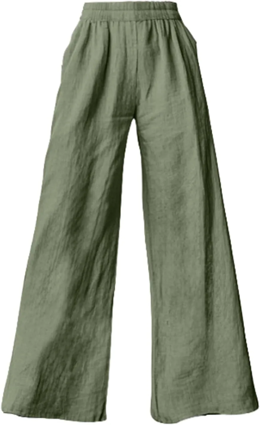 Miyaomn Women's Wide Leg Linen Pants 2025 Summer Casual Elastic High Waisted Palazzo Pants Flowy Lounge Trousers with Pockets