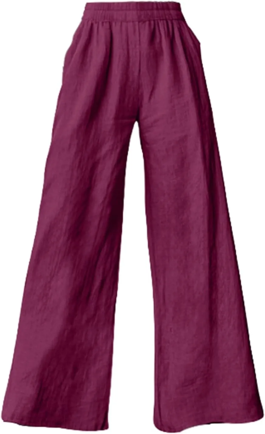 Miyaomn Women's Wide Leg Linen Pants 2025 Summer Casual Elastic High Waisted Palazzo Pants Flowy Lounge Trousers with Pockets