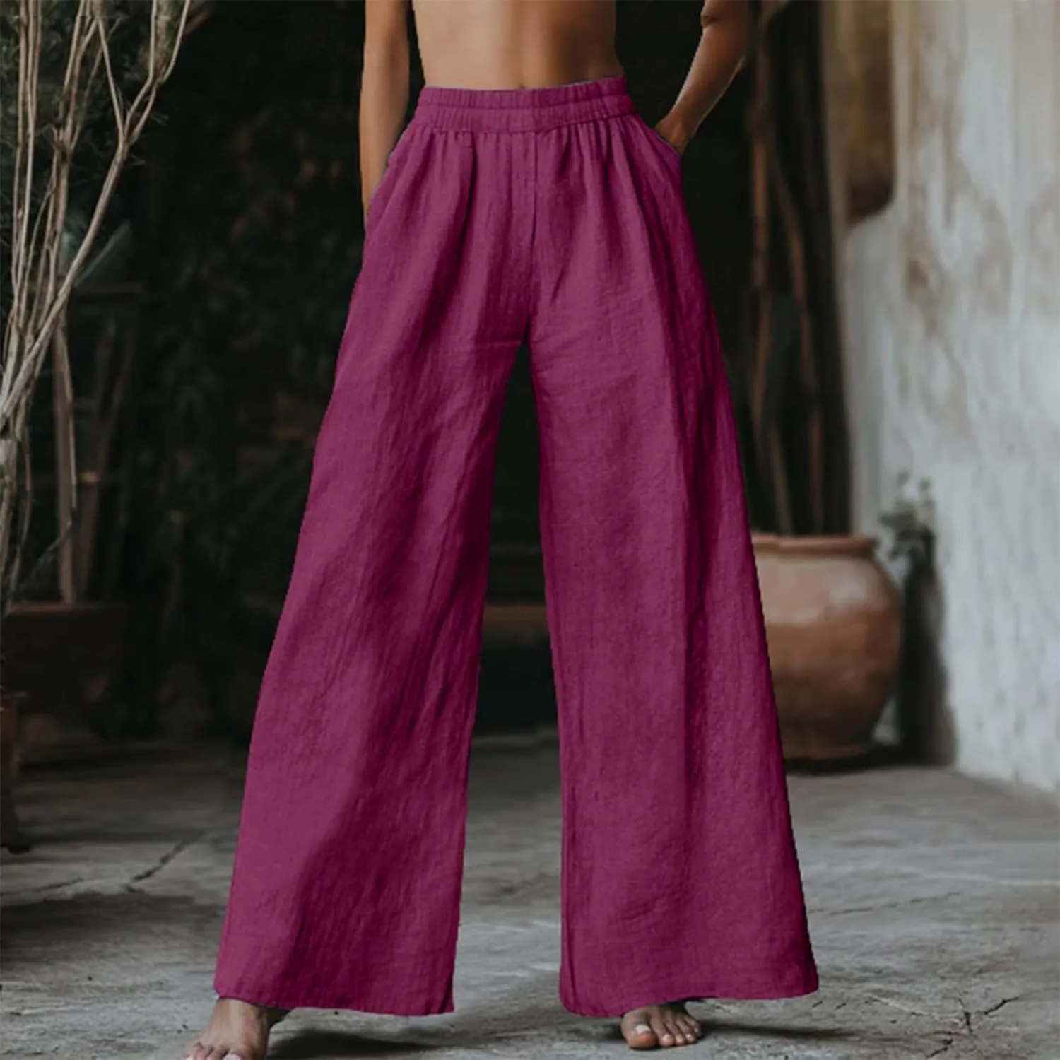 Miyaomn Women's Wide Leg Linen Pants 2025 Summer Casual Elastic High Waisted Palazzo Pants Flowy Lounge Trousers with Pockets
