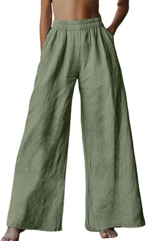 Miyaomn Women's Wide Leg Linen Pants 2025 Summer Casual Elastic High Waisted Palazzo Pants Flowy Lounge Trousers with Pockets