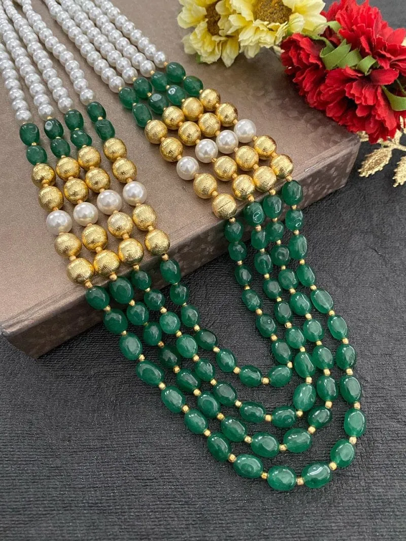 Multilayered Semi Precious Green Jade Beads Necklace For Men And Women