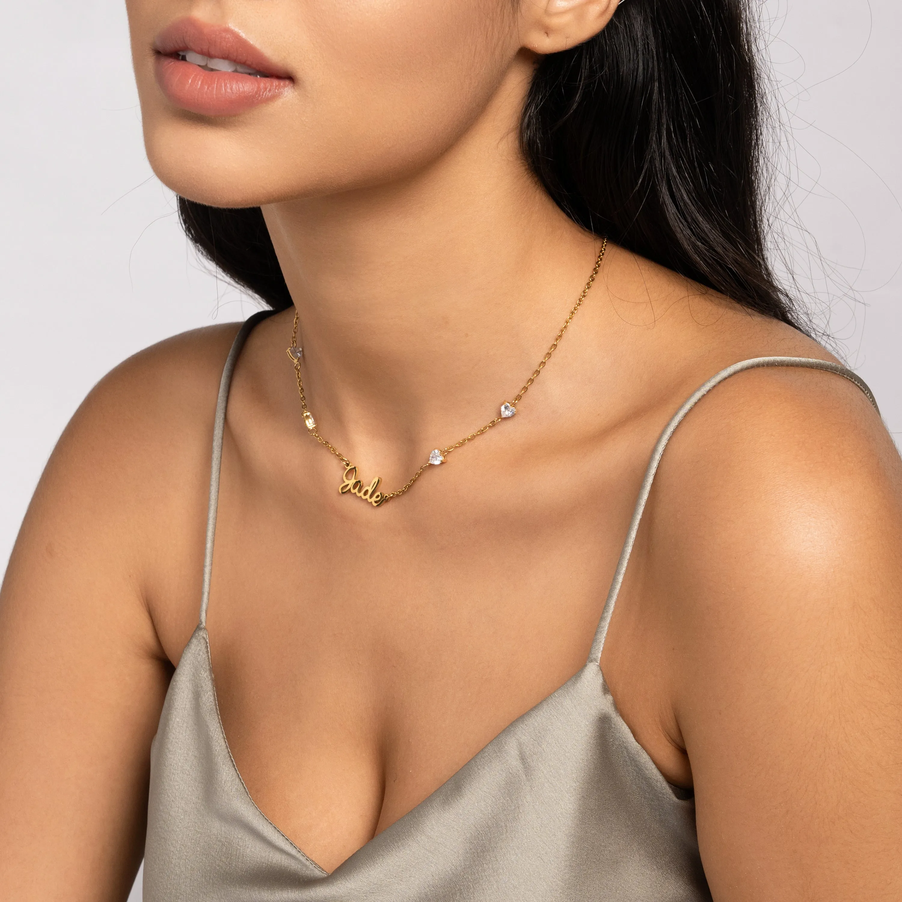Name Necklace with 4 Clear Crystal Hearts