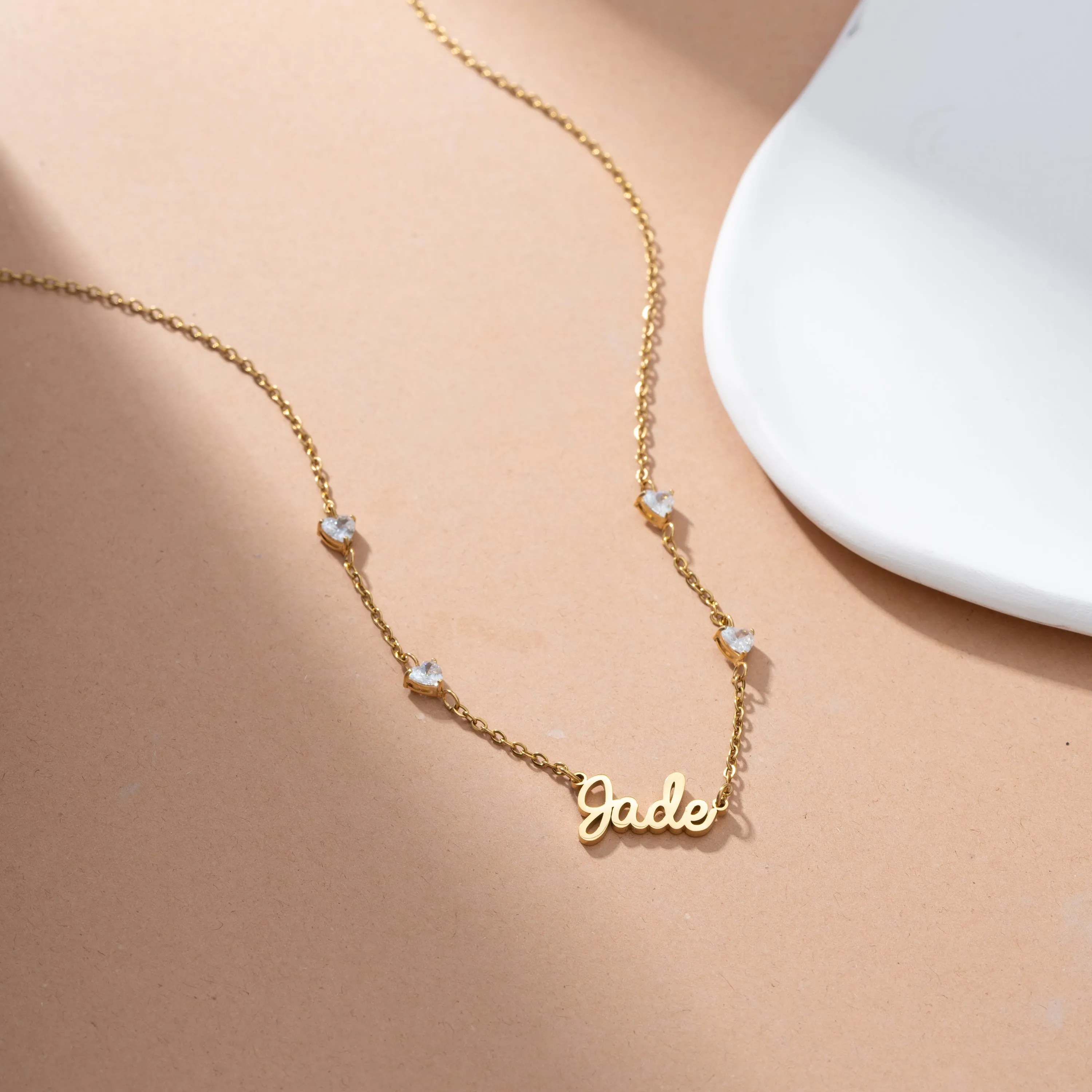 Name Necklace with 4 Clear Crystal Hearts