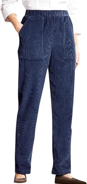 Navy 2XL Corduroy Pants for Women Elastic High Waist Pull On Straight Leg Slacks Casual Comfy Fall Winter Trousers with Pockets