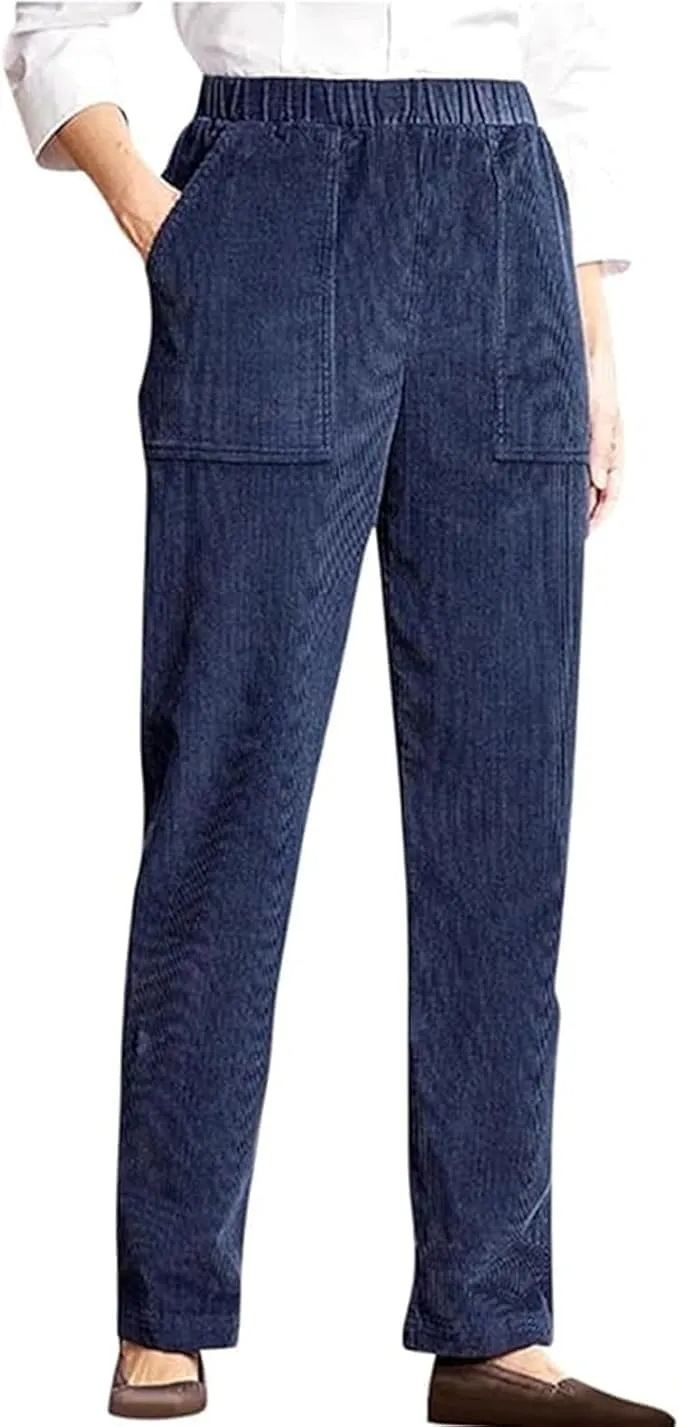 Navy 2XL Corduroy Pants for Women Elastic High Waist Pull On Straight Leg Slacks Casual Comfy Fall Winter Trousers with Pockets