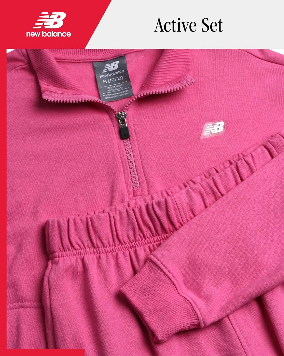 New Balance Girls' Sweatsuit - 2 Piece Active Fleece Zip Sweatshirt and Cargo Sweatpants - Jogger Pants Set for Girls (7-12)