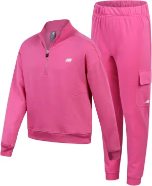 New Balance Girls' Sweatsuit - 2 Piece Active Fleece Zip Sweatshirt and Cargo Sweatpants - Jogger Pants Set for Girls (7-12)