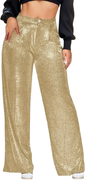 New Sequin Party Fashion Casual High Waist Women's Pants Retro Wide Leg Trousers Petite Pants for Women Work
