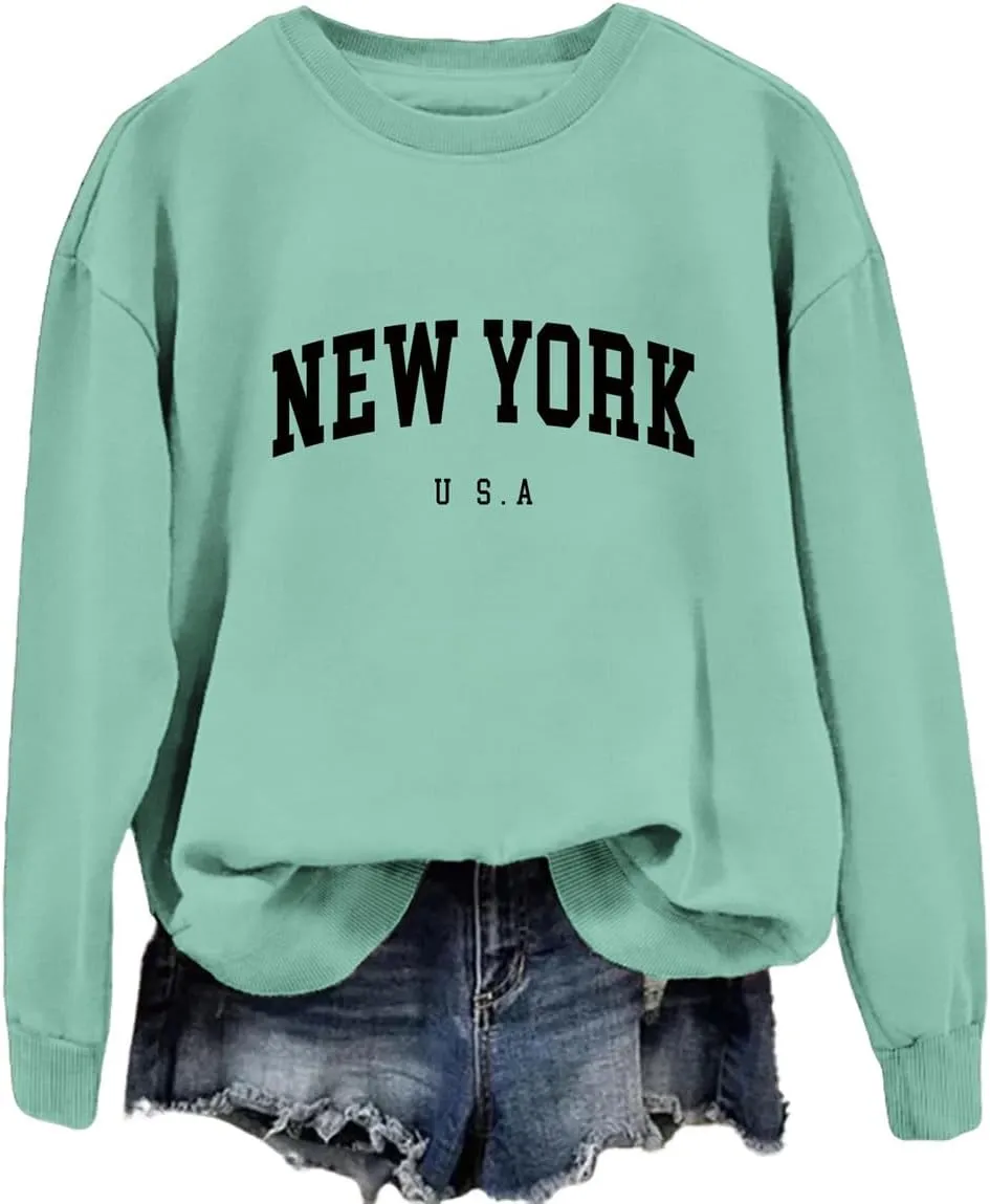 New York U.S.A Sweatshirt Retro Vintage Country Sweatshirt Preppy Style Shirts Women Crewneck Graphic Pullover Tops