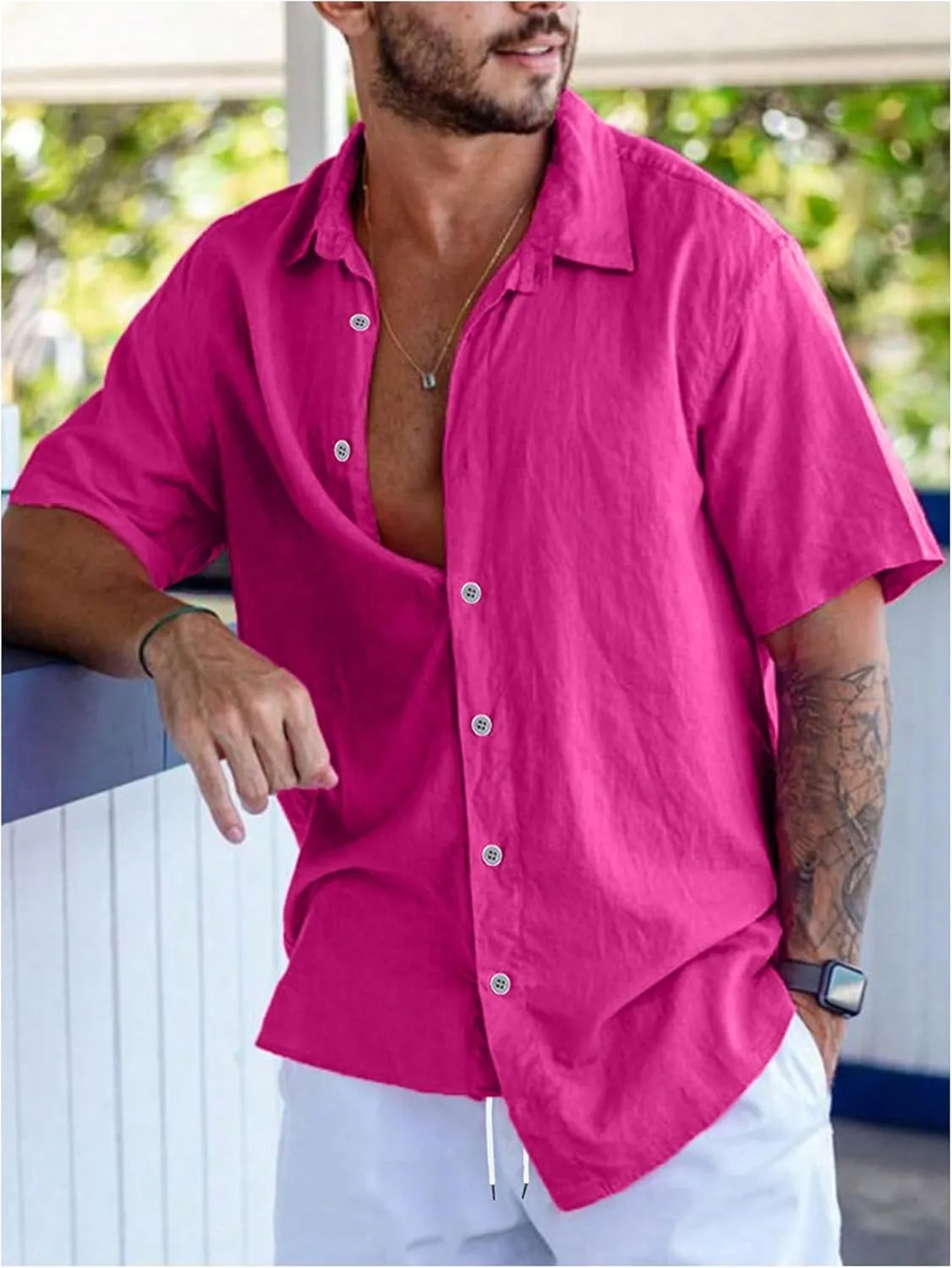 OYOANGLE Men's Button Down Short Sleeve Collared Shirts Summer Vacation Beach Shirt Top