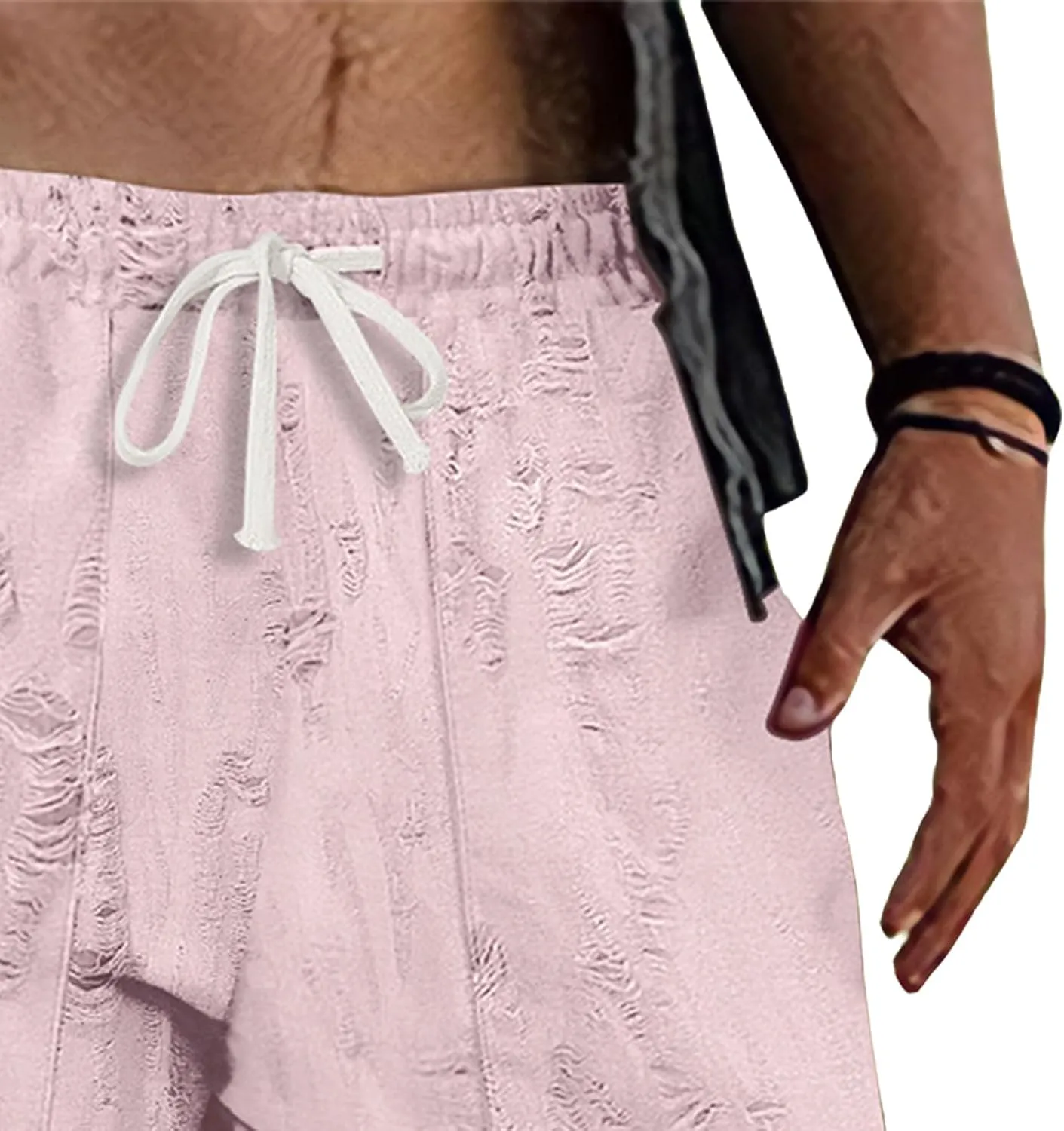 Pants for Men Hole Distressed Straight Elastic Waist Drawstring Beach Yoga Travel Lounge Pants Slacks Trousers