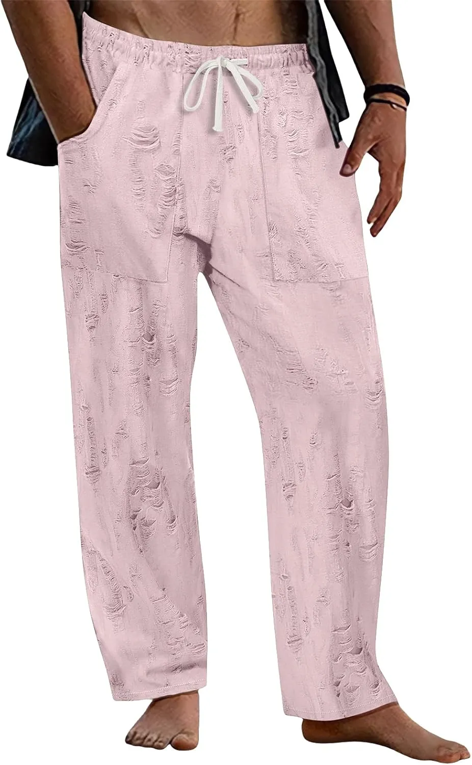 Pants for Men Hole Distressed Straight Elastic Waist Drawstring Beach Yoga Travel Lounge Pants Slacks Trousers
