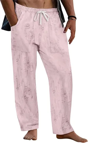 Pants for Men Hole Distressed Straight Elastic Waist Drawstring Beach Yoga Travel Lounge Pants Slacks Trousers