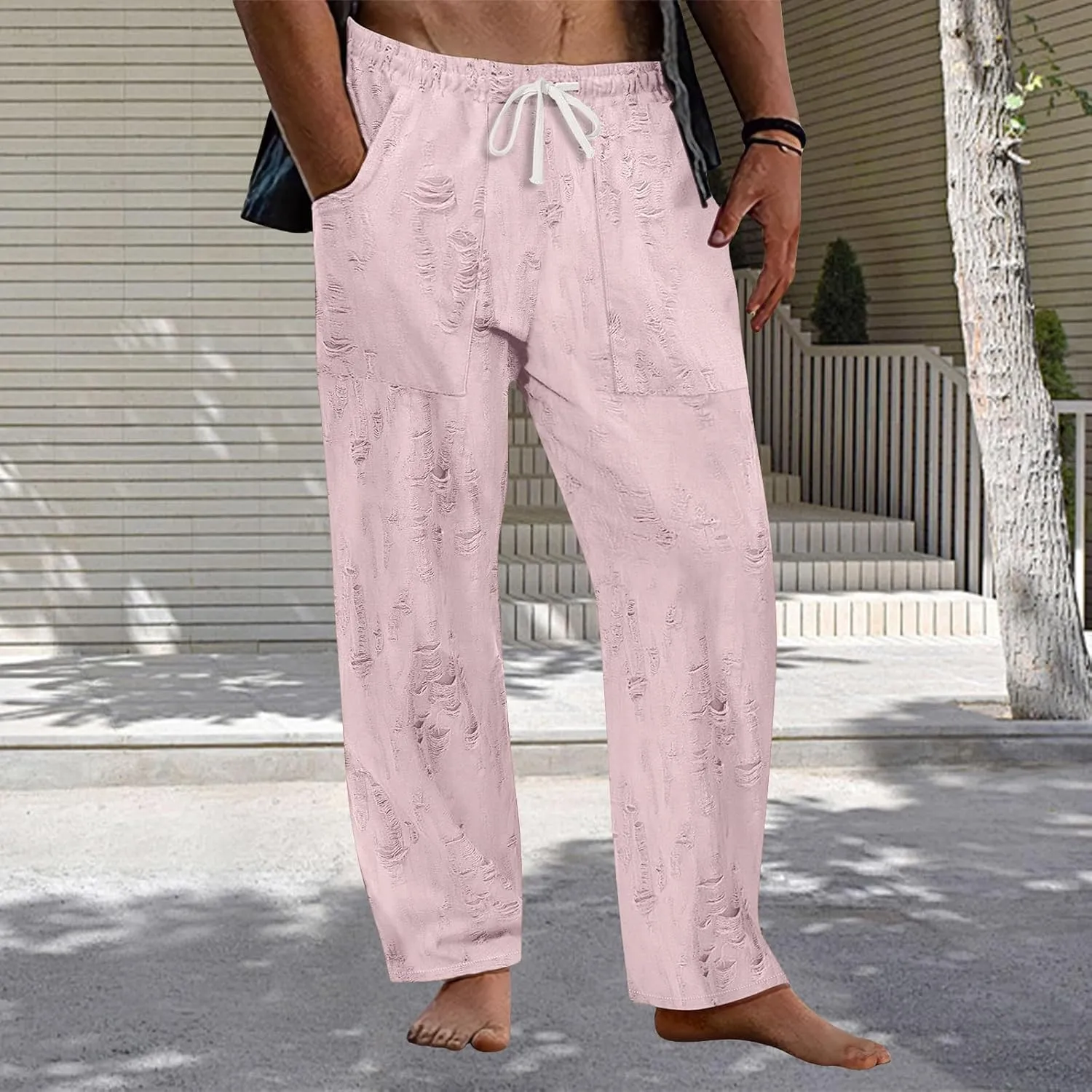Pants for Men Hole Distressed Straight Elastic Waist Drawstring Beach Yoga Travel Lounge Pants Slacks Trousers