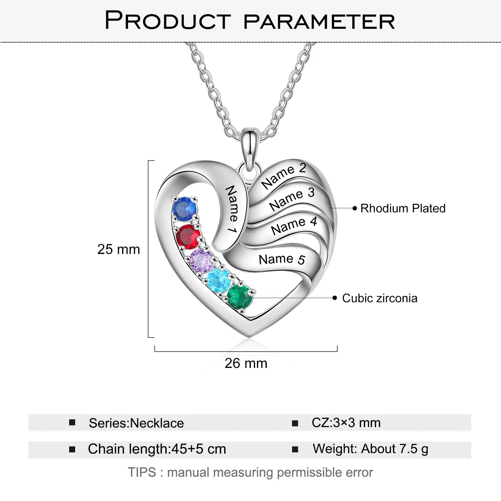 Personalized Heart Necklace with 5 Names Customized Birthstone Fashion Jewelry Memorial Gift for Mother Children