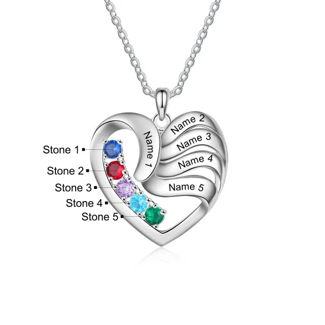 Personalized Heart Necklace with 5 Names Customized Birthstone Fashion Jewelry Memorial Gift for Mother Children