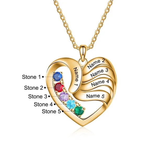 Personalized Heart Necklace with 5 Names Customized Birthstone Fashion Jewelry Memorial Gift for Mother Children