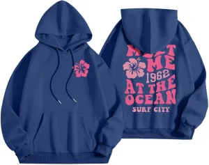 Pink Cute Hoodies For Teen Girls Oversized Cute Preppy Sweatshirt Pink Graphic Long Sleeve Drawstring Pullover Tops