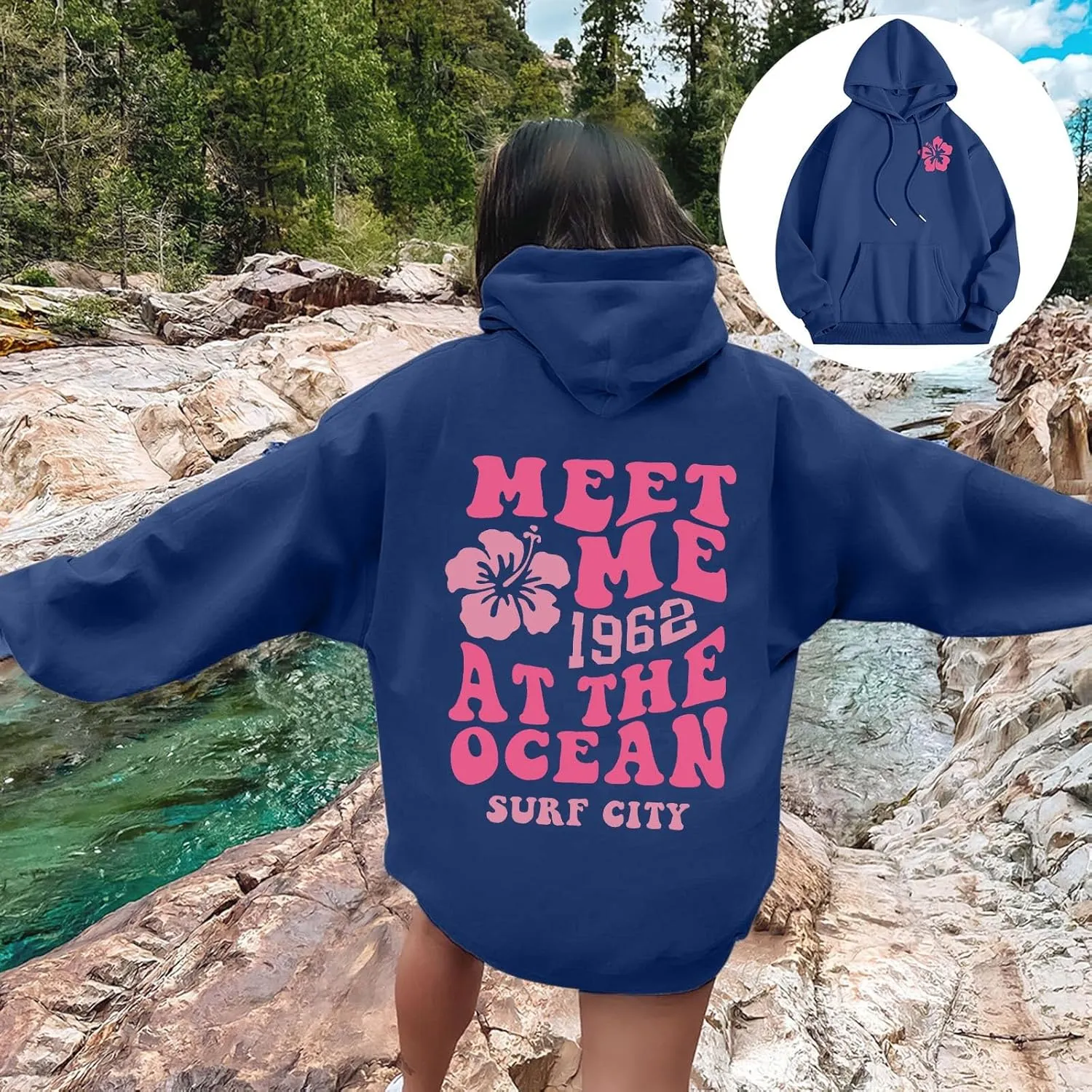Pink Cute Hoodies For Teen Girls Oversized Cute Preppy Sweatshirt Pink Graphic Long Sleeve Drawstring Pullover Tops