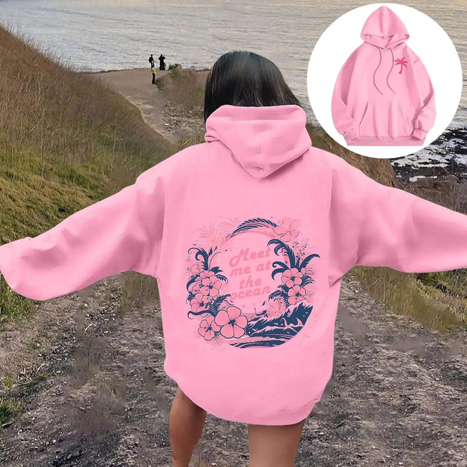 Pink Cute Hoodies For Teen Girls Oversized Cute Preppy Sweatshirt Pink Graphic Long Sleeve Drawstring Pullover Tops