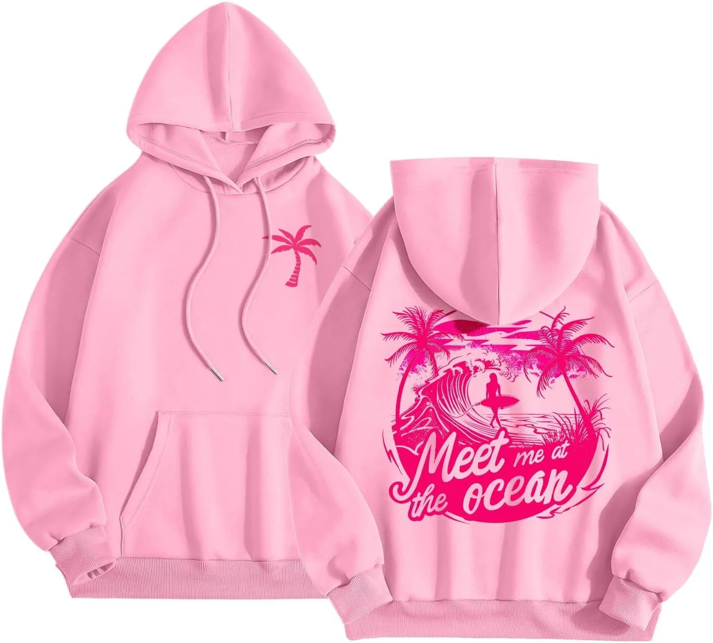 Pink Cute Hoodies For Teen Girls Oversized Cute Preppy Sweatshirt Pink Graphic Long Sleeve Drawstring Pullover Tops