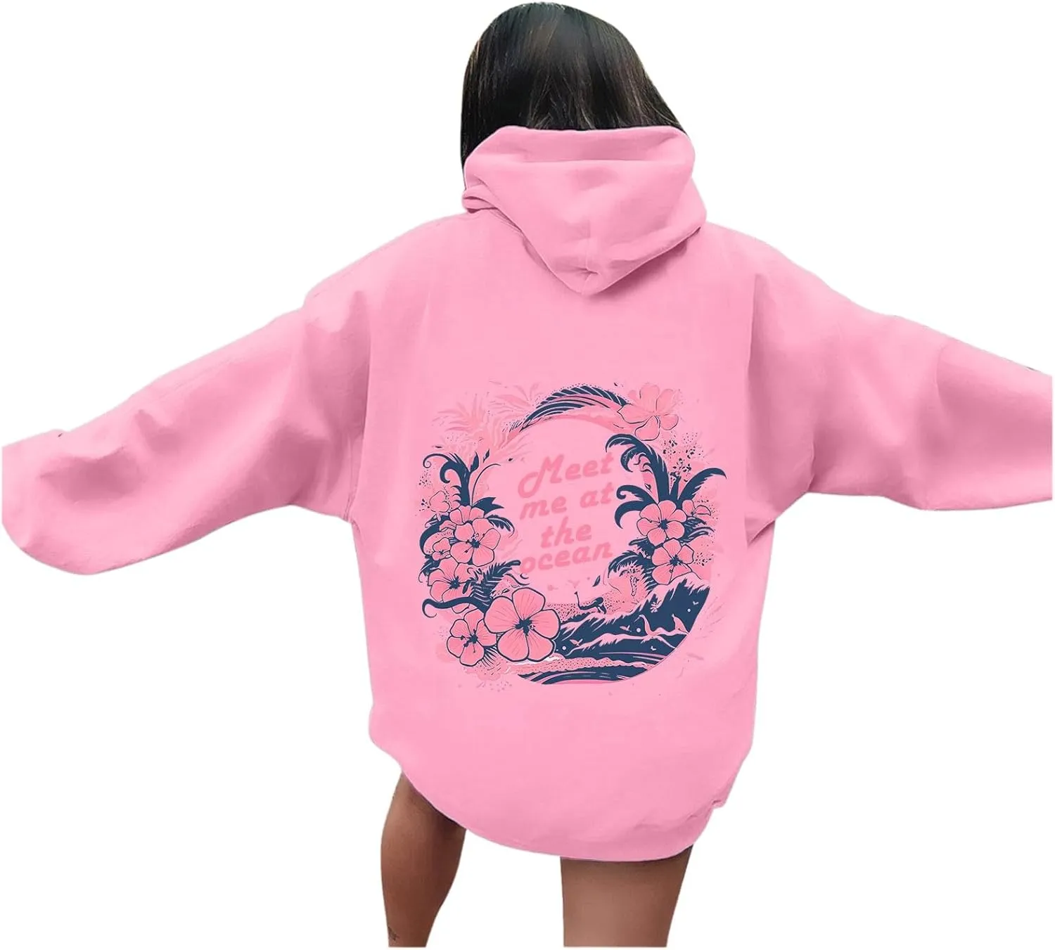 Pink Cute Hoodies For Teen Girls Oversized Cute Preppy Sweatshirt Pink Graphic Long Sleeve Drawstring Pullover Tops