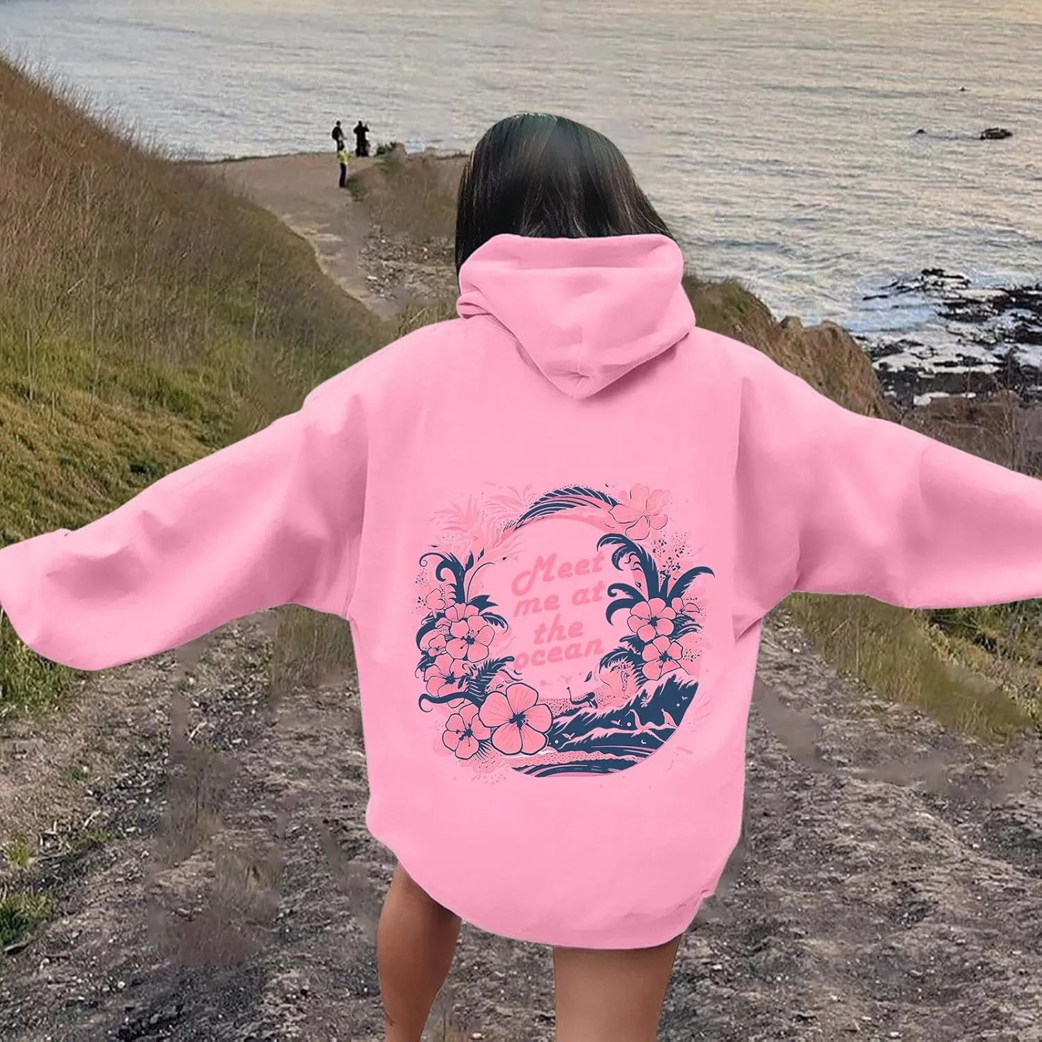 Pink Cute Hoodies For Teen Girls Oversized Cute Preppy Sweatshirt Pink Graphic Long Sleeve Drawstring Pullover Tops