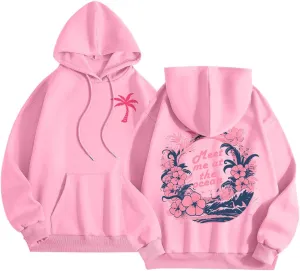 Pink Cute Hoodies For Teen Girls Oversized Cute Preppy Sweatshirt Pink Graphic Long Sleeve Drawstring Pullover Tops