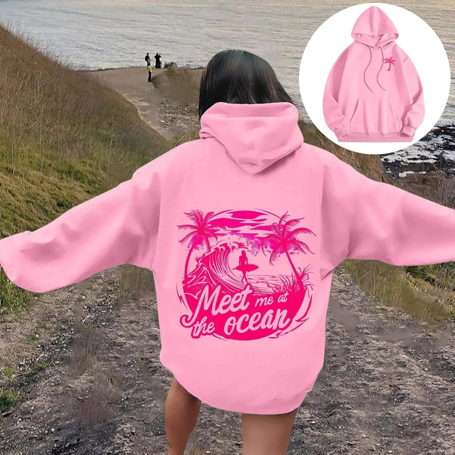 Pink Cute Hoodies For Teen Girls Oversized Cute Preppy Sweatshirt Pink Graphic Long Sleeve Drawstring Pullover Tops