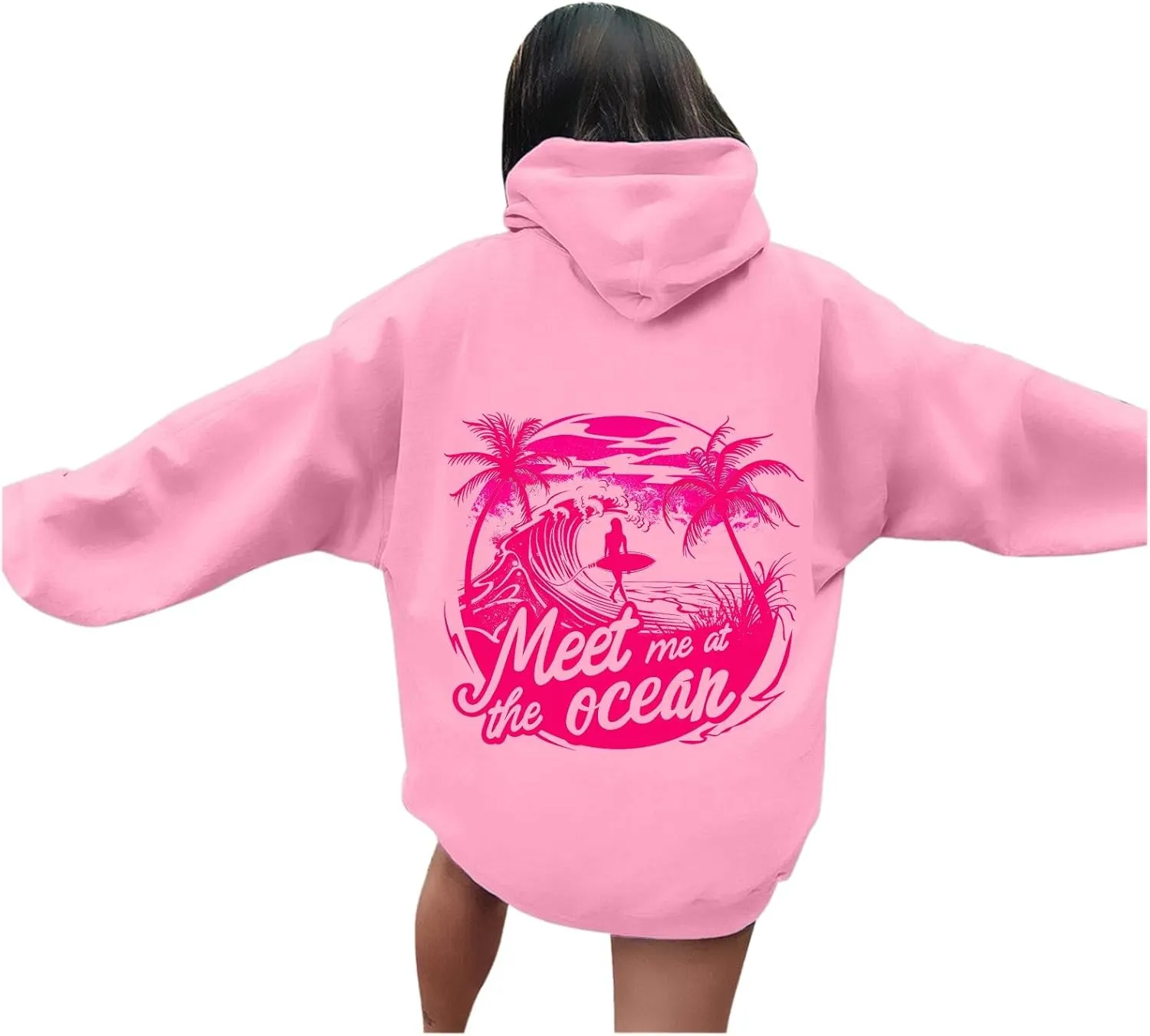 Pink Cute Hoodies For Teen Girls Oversized Cute Preppy Sweatshirt Pink Graphic Long Sleeve Drawstring Pullover Tops