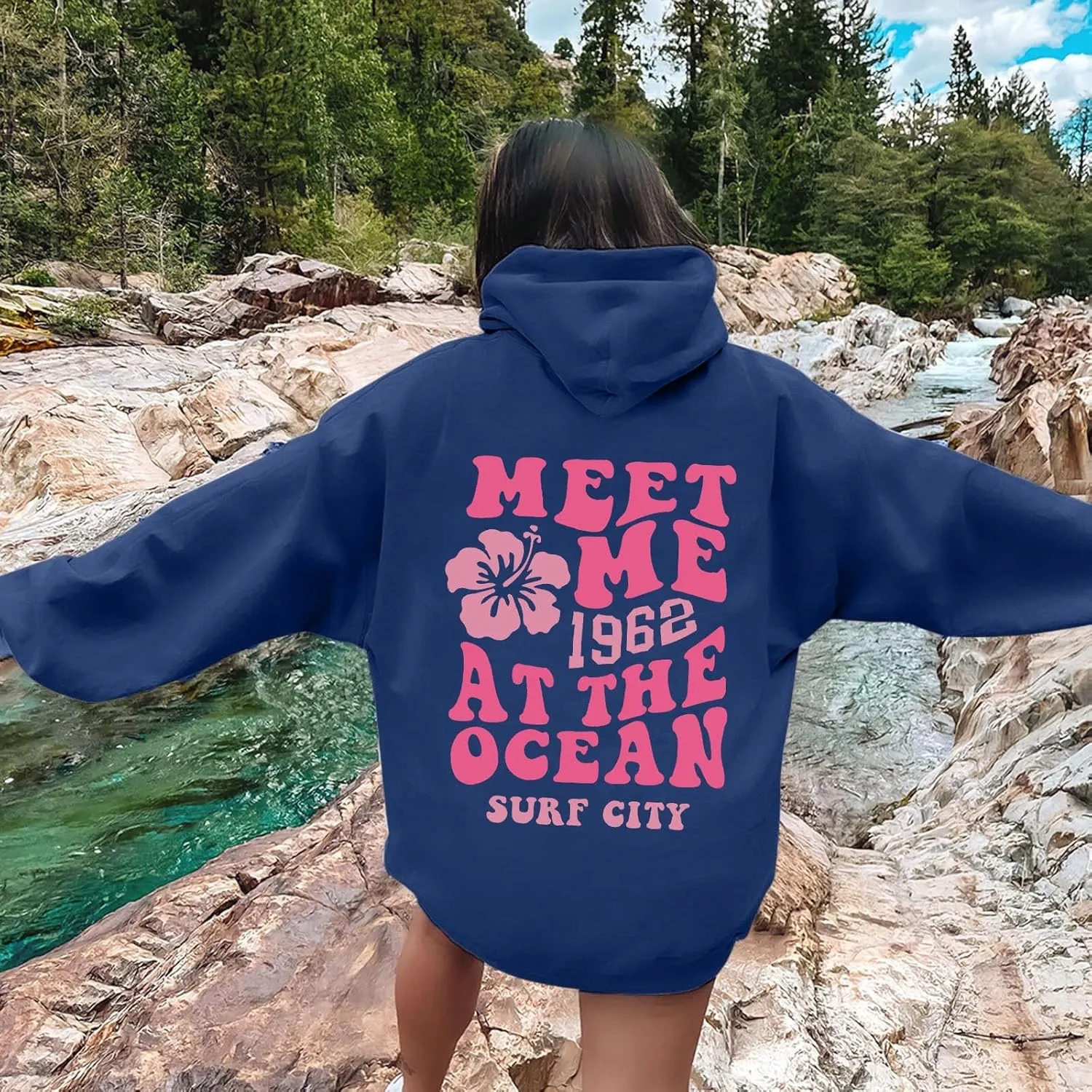 Pink Cute Hoodies For Teen Girls Oversized Cute Preppy Sweatshirt Pink Graphic Long Sleeve Drawstring Pullover Tops