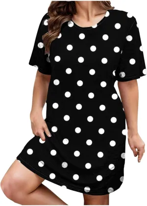Plus Size Dress for Women Spring Summer Fashion Polka Dot Printed Short Sleeve Shirtdress Loose Casual Home Dress