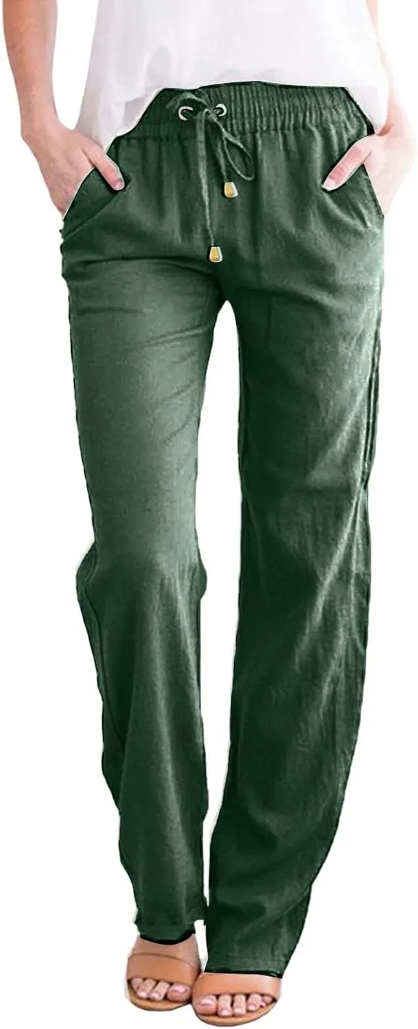 Plus Size Women's Wide Leg Pants Linen Blend with Back Pockets, Drawstring Waist Lounge Trousers