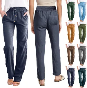 Plus Size Women's Wide Leg Pants Linen Blend with Back Pockets, Drawstring Waist Lounge Trousers
