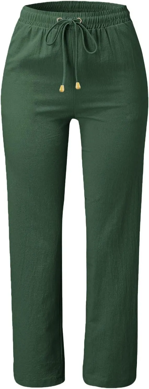 Plus Size Women's Wide Leg Pants Linen Blend with Back Pockets, Drawstring Waist Lounge Trousers