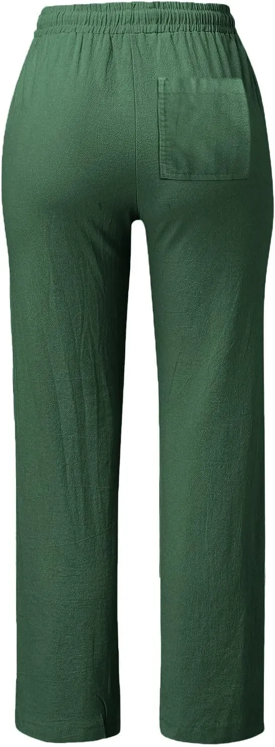 Plus Size Women's Wide Leg Pants Linen Blend with Back Pockets, Drawstring Waist Lounge Trousers