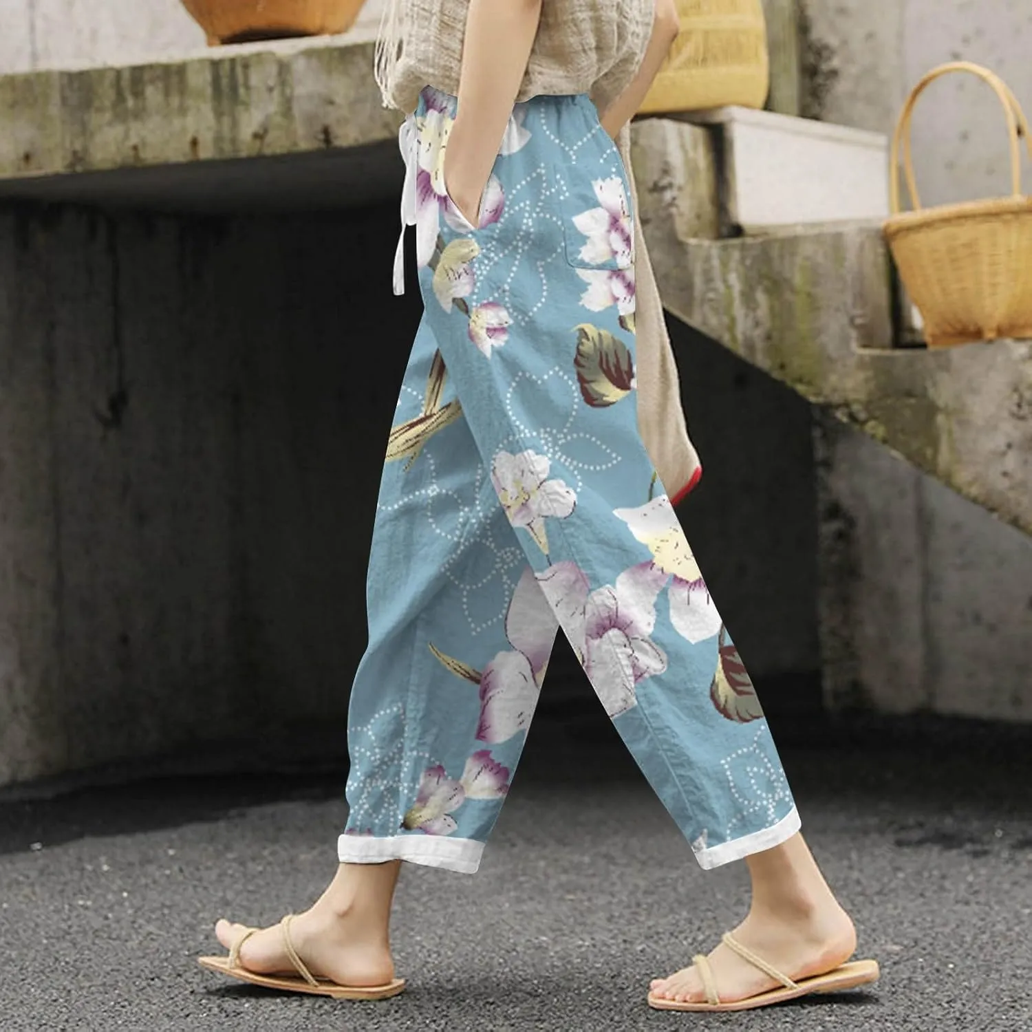 PTOLOCIF Cotton Pants for Women Summer Wide Leg Casual Loose Pant Drawstring High Waist Palazzo Pant Trousers with Pockets